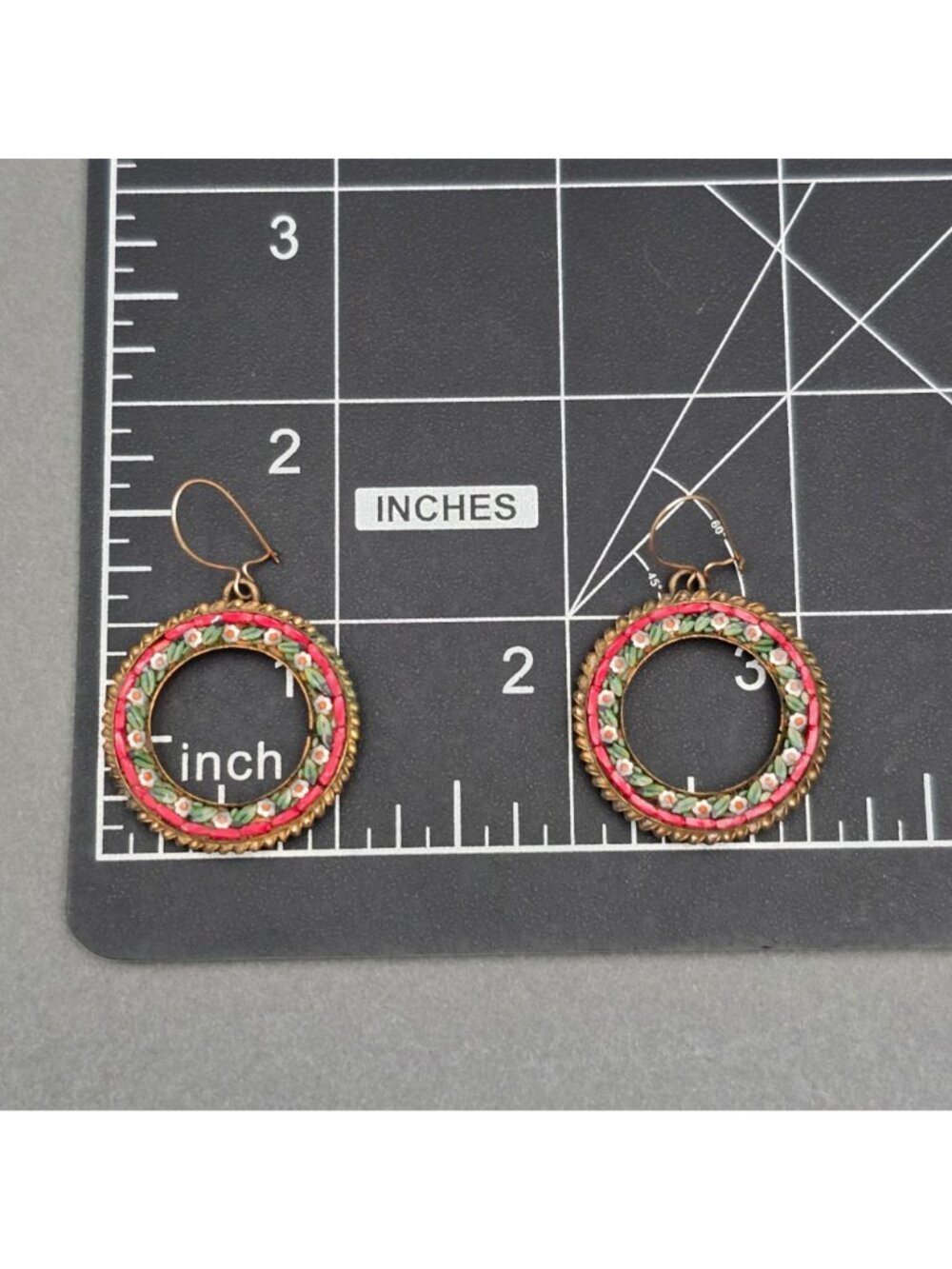 Vintage Micro Mosaic Picture Frame Drop Earrings Italian Floral Brass Setting - Picture 9 of 9